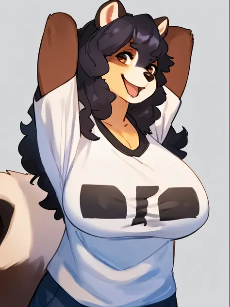 By bebebebebe, by lostgoose, by goonie-san, solo, female, standing, skunk, wavy hair, pretty, fluffy, very fluffy, big breasts, smiling, happy, open mouth, cleavage, graphic tee shirt, hands behind head