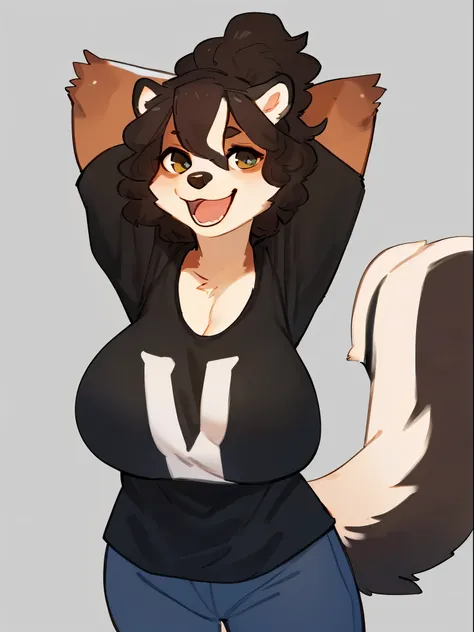 By bebebebebe, by lostgoose, by goonie-san, solo, female, standing, skunk, wavy hair, pretty, fluffy, very fluffy, big breasts, smiling, happy, open mouth, cleavage, graphic tee shirt, hands behind head