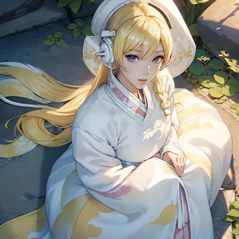 (((white headphone))), (((blonde))), (((tall))), (((slender))), (((hanbok))), cleavage, (((beautiful face))), dragon pattern, ((...