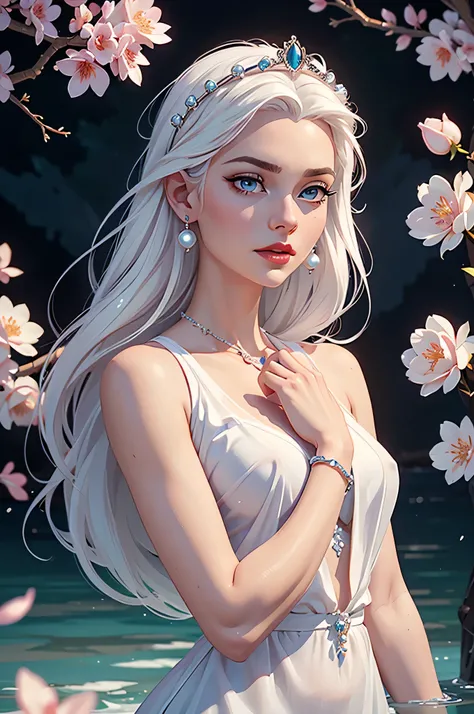 oil painting and cg rendering portrait of fairy, black theme, a nsfw woman with long white hair wearing sleeveless shirt with a crown in falling rose petals, jewelry, pearl_(gemstone), earrings, bracelet, blue eyes, eyelashes, cherry blossoms, white hair, ...