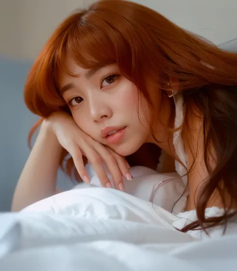 hay una mujer acostada en la cama con la mano en la cabeza, Lalisa Manobal, Sun Yunjoo, Lalisa Manoban de Blackpink, con cabello rojo rizado, ulzzang, Taejune Kim, Parque Ji-min, Jinyoung Shin, flequillo rizado, Retrato de Jossi de Blackpink, Jaeyeon Nam, ...