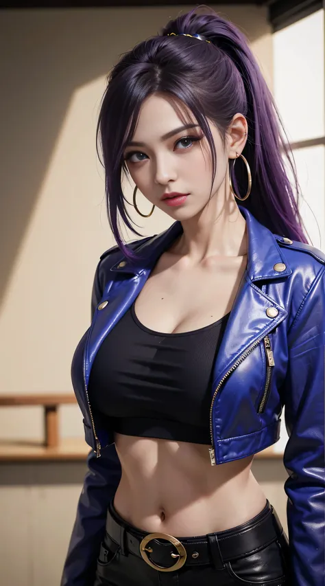 sfw, best quality,masterpiece,8k wallpaper,absurdres, highres, ultra detailed, (1 young beautiful girl, solo:1.1),k/da (league of legends), navel,fingerless gloves, cropped jacket,jacket, multicolored hair, samurai ponytail (loanword)ï1/4belt, earrings, bl...