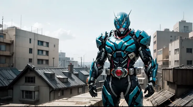 A superhero, a high-tech biotech battle suit, standing on a rooftop, looking over the city, Japanese tokusatsu and American comic style, biometallic texture of the suit, sleek and shiny, dynamic, metallic, sophisticated design, high definition, best qualit...