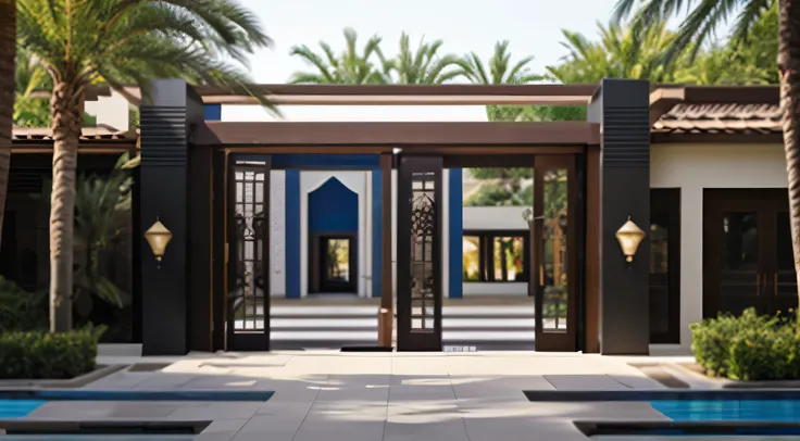 "Generate a detailed description of a contemporary plaza situated behind an entrance, designed with a distinct Modern Islamic architectural style. Envision the entrance leading to a spacious and thoughtfully crafted outdoor area, adorned with elements that...