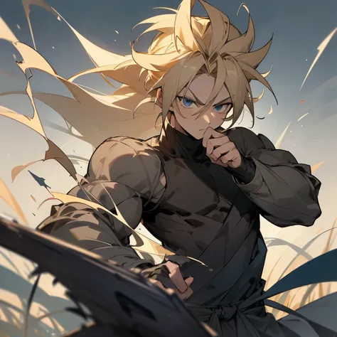 1male , Muscular , Blonde Hair , Spiky Hair , Messy Hair , Fitted Black Turtleneck Warn Under,Gray Overclothing, Layered Clothing , Baggy Grey Pants, Black Eyes , Serious Expression , Grasslands background , Perfect Generation , Martial Arts Clothing , Str...