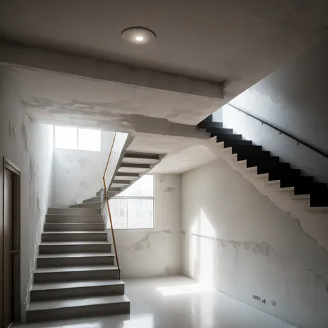 there is a room with a staircase and a fan in it, stairs to an upper floor, stairs to the second floor, interior view, house interior, open ceiling, staircase, high ceiling, tall ceiling, interior background, concrete hitech interior, listing image, inside...