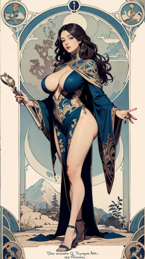 (Masterpiece, Best Quality, High res:1.4 tarot card of standing chubby mature woman), huge_breasts, detailed face, full figure shot, insanely Detailed, Intricate Details, 4K, (Art Nouveau style), influence by Alphons Mucha, high heels, long&thick hair,