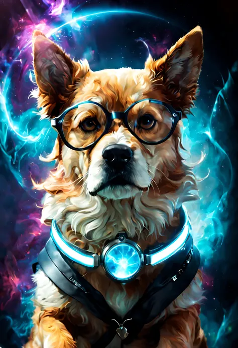 perro + gafas, Magical Energy, light cinematic, futuristic, epic fantasy, 8k