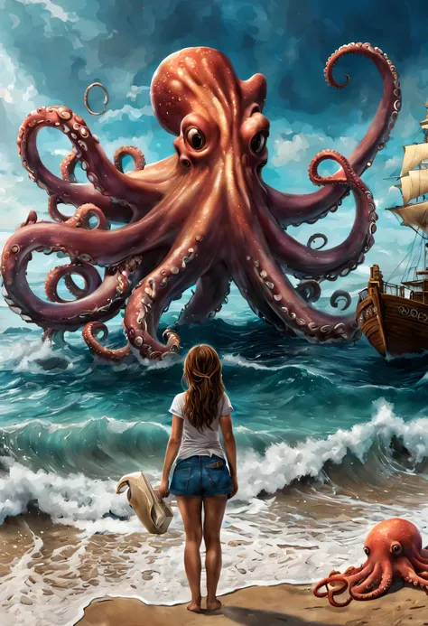 (Obra maestra, La mejor calidad:1.3, ultra-realista, 8k,Photoshop,realista,插圖)1girl,Chica gigante,Playa,pulpo,tentacle,monster pulpo,Fondo del buque,ocean, ,1 girl