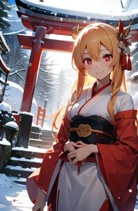 Ichigo Hoshimiya,Red Eyes,blond,Smile,geisha,shrines,Snow