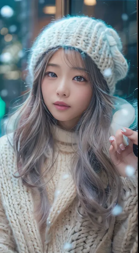 stand in front of the Christmas show window, japanese woman,  (oversized knitted sweater:1.3), snowing, pupils sparkling, silver long hair, depth of field, f/1.8, anatomically correct, textured skin, super detail, high details, high quality, super detail, ...