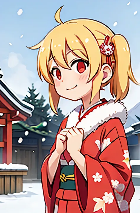 Ichigo Hoshimiya,Red Eyes,blond,Smile,Kimono,shrines,Snow,