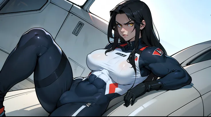 angry girl pale skin (((((muscular girl))))) (((thick))) (((large breasts))) pilot suit bodysuit black hair yellow eyes very long hair very long hair very long hair solo solo solo