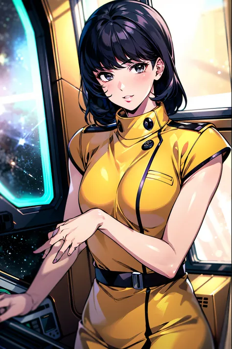 8k,(masterpiece:1.4)(best quality:1.4),(top quality), 1girl,fayuiry,black hair, black eyes, yellow dress,  uniform, inside space...