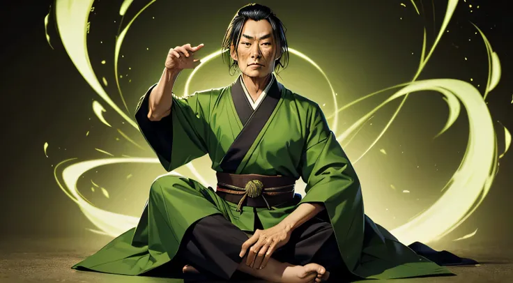 former Japanese military commander, Green kimono, Sitting cross-legged, green aura, Scary face