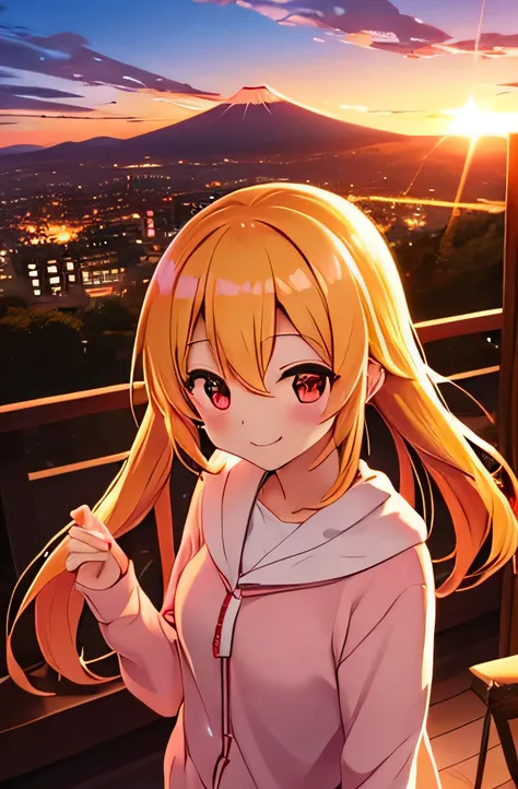 Ichigo Hoshimiya,Red Eyes,blond,Smile,Sunrise、Mt fuji