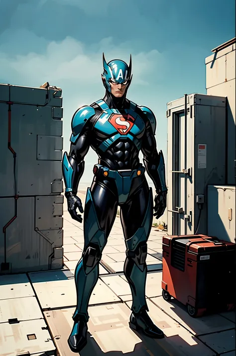 A superhero, a high-tech biotech battle suit, standing on a rooftop, looking over the city, Japanese tokusatsu and American comic style, biometallic texture of the suit, sleek and shiny, dynamic, metallic, sophisticated design, high definition, best qualit...