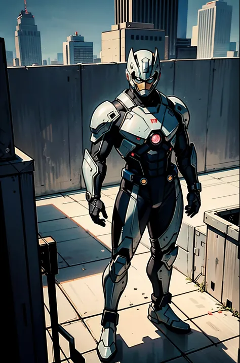 A superhero, a high-tech biotech battle suit, standing on a rooftop, looking over the city, Japanese tokusatsu and American comic style, biometallic texture of the suit, sleek and shiny, dynamic, metallic, sophisticated design, high definition, best qualit...