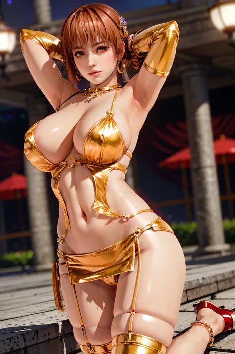 kasumi, 1girl, (solo), masterpiece, best quality, detailed face, face focus, shiny skin large areolae, puffy nipples, huge breasts, cleavage, arms behind head, armpits, spread legs, standing, BREAK microdress, shiny dress, elbow gloves, navel, waist cutout...