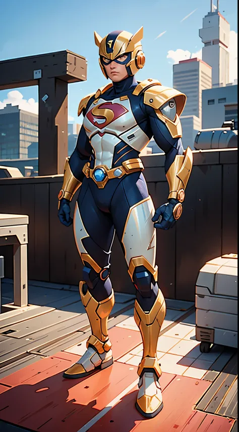 A superhero, a high-tech biotech battle suit, standing on a rooftop, looking over the city, Japanese tokusatsu and American comic style, biometallic texture of the suit, sleek and shiny, dynamic, metallic, sophisticated design, high definition, best qualit...