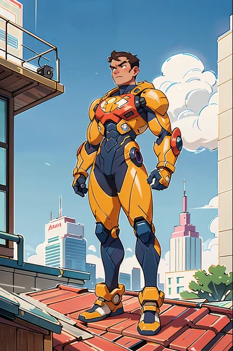 A superhero, a high-tech biotech battle suit, standing on a rooftop, looking over the city, Japanese tokusatsu and American comic style, biometallic texture of the suit, sleek and shiny, dynamic, metallic, sophisticated design, high definition, best qualit...