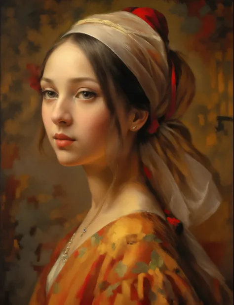 oil painting, slavic-looking woman with a light cream headband tied with a large bow behind her head and a red red dress , large...