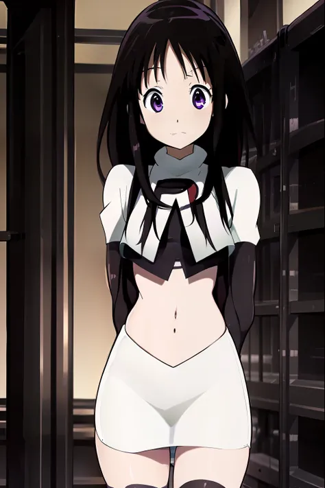 ((masterpiece,best quality,ultra detailed)),purple eyes,black hair,((cute,anime)),curious,detail eyes,team rocket,team rocket uniform,white skirt,red letter R,crop top,black thigh-highs,black elbow gloves,