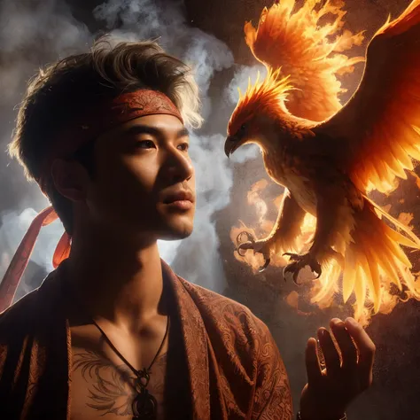 ((Perfectly insane textured)), ((Perfect proportional object arcithecture)), ((Perfect photo)), ((Super ekstremely detiled)), ((best quality)), ((masterpiece)), (bright face), arafed man with a bird on his head and a smokey background, ross tran and michae...