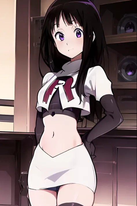 ((masterpiece,best quality,ultra detailed)),purple eyes,black hair,((cute,anime)),curious,detail eyes,team rocket,team rocket uniform,white skirt,red letter R,crop top,black thigh-highs,black elbow gloves,