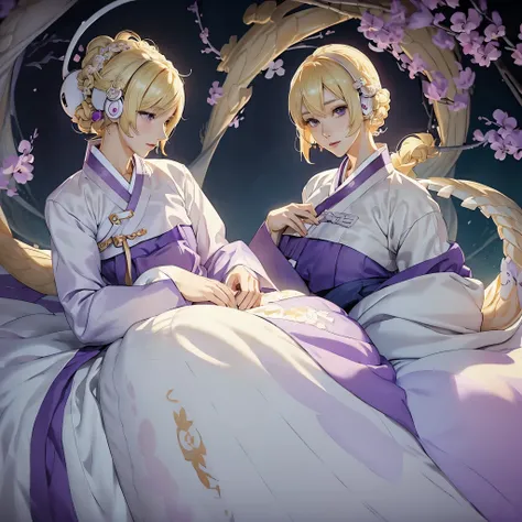 (((White Headphone))), (((Blonde))), (((Tall))), (((Slender))), (((Purple Hanbok))), cleavage, (((Beautiful face))), Dragon Pattern, (((anime))), (((pastel))), cat