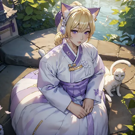 (((White Headphone))), (((Blonde))), (((Tall))), (((Slender))), (((Purple Hanbok))), cleavage, (((Beautiful face))), (((anime))), (((pastel))), (((cat ears))), dragon