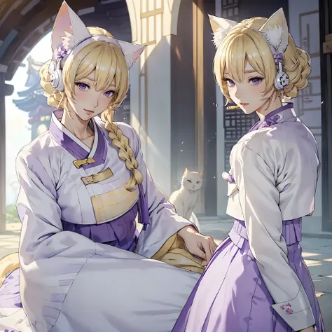 (((White Headphone))), (((Blonde))), (((Tall))), (((Slender))), (((Purple Hanbok))), cleavage, (((Beautiful face))), (((anime))), (((pastel))), (((cat ears)))