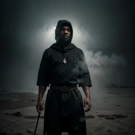 A full body shot black man shaman with white glowing eyes, dressed in  black hooded clothes, holding a wooden walking stick, standing in an empty area fully covered with white smoke, white smoke all over the scene, soft white light piercing the scene provi...