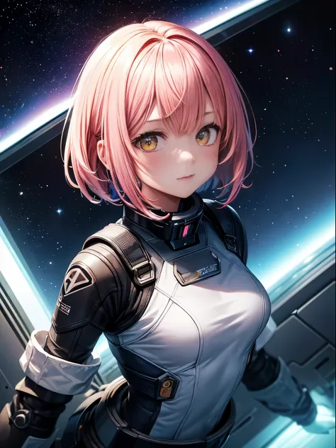 ((1人の女性)),12year old、Yellow eyes、 Pink Short Bob、Bangs at the top of the eyebrows、short bangs、(of the highest quality)),((masutepiece)),((Perfect face)),(Background blur), (1 girl, ), Space Suite, Flustered expression, medium breasts), Space travelling, 大型...