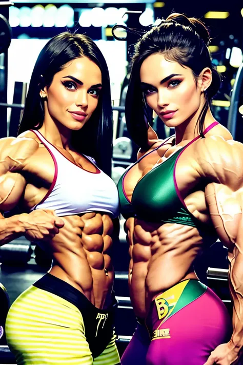 (2 girls body builders:1.75), masterpieces, best quality, illustration, ultra-detailed:1.92, finely detail, highres, 8k gym wallpaper, perfect dynamic composition, beautiful detailed faces, green eyes:1.6, blonde:1.8, well makeup:1.57, short denim pants , ...