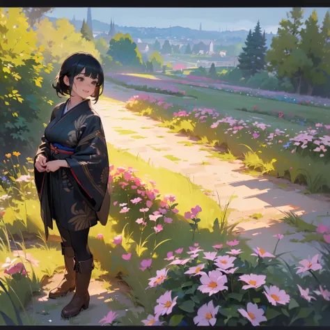 (High quality, High resolution, Ultra-detailed, Realistic:1.37), peaceful ambiance, (plein air, garden), Teenage girl standing alone, (My breasts are big.), Beautiful detailed features, Cute smile, (Black bob hair), Kimono, Black tights, Brown boots.