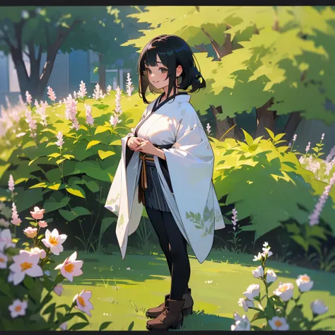 (High quality, High resolution, Ultra-detailed, Realistic:1.37), peaceful ambiance, (plein air, garden), Teenage girl standing alone, (My breasts are big.), Beautiful detailed features, Cute smile, (Black bob hair), Kimono, Black tights, Brown boots.