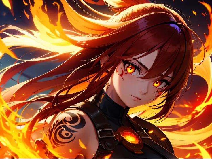 (best quality) (close up) girl with fire for hair that flows over and down her back looking over her shoulder, yellow and dark orange eyes of fire intensely staring, fire tattoos on her face, fire tattoos, tattoos, HDR, 4K, Ultra high detail, 3D animation