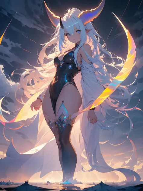 a demon girl floating on the sea water, very long hair, white hair with bluish highlights, thick lips, expression of serenity, (((large curved horns, in the pose of Christ, cloudy and night))), small round breasts, big booty, strong thighs, {extremely deta...