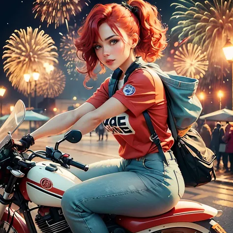 Depict a vibrant illustration for a Happy New Year card that features a red-haired woman sitting stylishly atop a sports bike. She is dressed in elegant jeans and a t-shirt that has the word &#39;kabulosos&#39; written in a flashy way.. A cena transmite um...