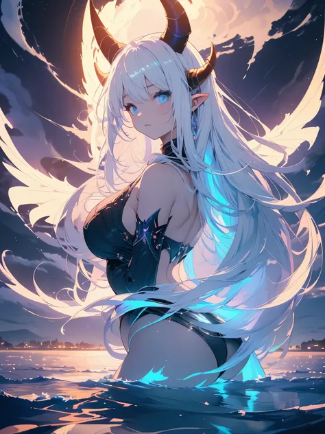 a demon girl floating on the sea water, very long hair, white hair with bluish highlights, thick lips, expression of serenity, (((large curved horns, in the pose of Christ, cloudy and night))), small round breasts, big booty, strong thighs, {extremely deta...