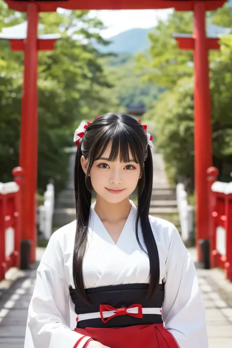 Please draw a beautiful young woman. Features smooth black hair that reaches to the shoulders. Hair is styled half up, Tie the top with a small ribbon. He has a kind expression and a warm smile.. Make your eyes and expression cool. Dressed in traditional J...