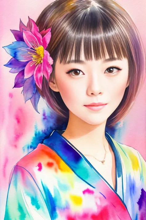 Watercolor style、japanes、a beauty girl、Portrait of a woman、Bright design、PastelColors、Ink Drop、pink there、Viola