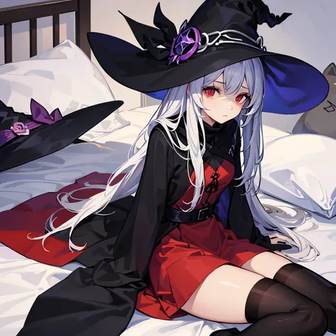 beautiful female witch, cabelos preto e longos, red eyes, wearing witch's clothes,lie down in bed， the shy，wear black stockings