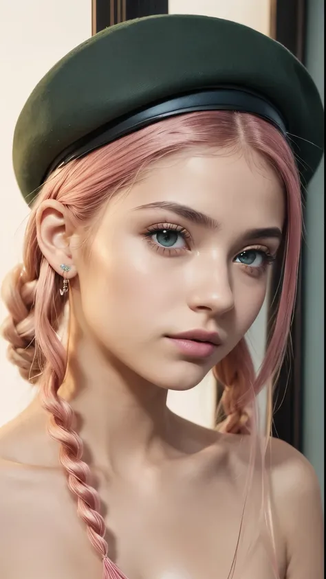 15, female, bloodtype: O, 6.45 (11), adolescent, alchemy, beret, braids, green eyes, pink hair, shoulder-length hair, zettai ryouiki Foto de corpo inteiro em 8k de uma linda garota de 18 anos de cabelos brancos, (intrincado, fino, transparent, translucent,...