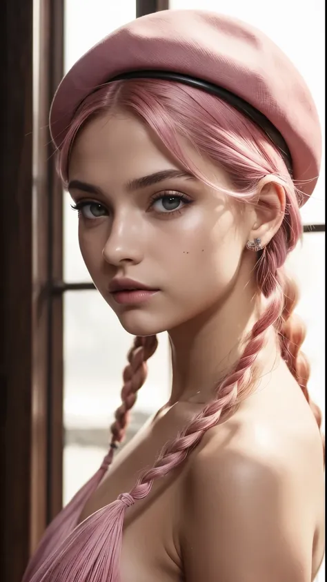 15, female, bloodtype: O, 6.45 (11), adolescent, alchemy, beret, braids, green eyes, pink hair, shoulder-length hair, zettai ryouiki Foto de corpo inteiro em 8k de uma linda garota de 18 anos de cabelos brancos, (intrincado, fino, transparent, translucent,...