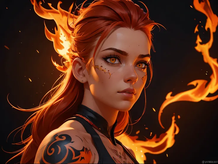 (best quality) (close up) girl with fire for hair that flows over and down her back looking over her shoulder, (pyro) yellow and dark orange eyes of fire intensely staring, fire tattoos on her face, fire tattoos, tattoos, firenado, fire tornado in backgrou...