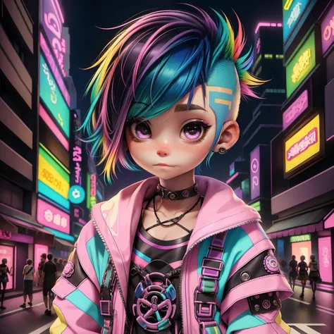 Young girl, (your), short hair mohawk, rainbow colored hair, Harajuku-inspired rave clothes, master part, best quality, cyber City background