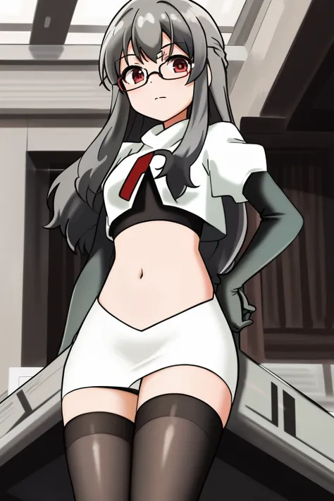 futaba rio,glasses,(gray hair),very detailed ,highres,(masterpiece_1.0),(best quality_1.0),team rocket,team rocket uniform,white skirt,red letter R,crop top,black thigh-highs,black elbow gloves,