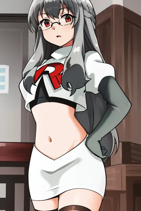 futaba rio,glasses,(gray hair),very detailed ,highres,(masterpiece_1.0),(best quality_1.0),team rocket,team rocket uniform,white skirt,red letter R,crop top,black thigh-highs,black elbow gloves,